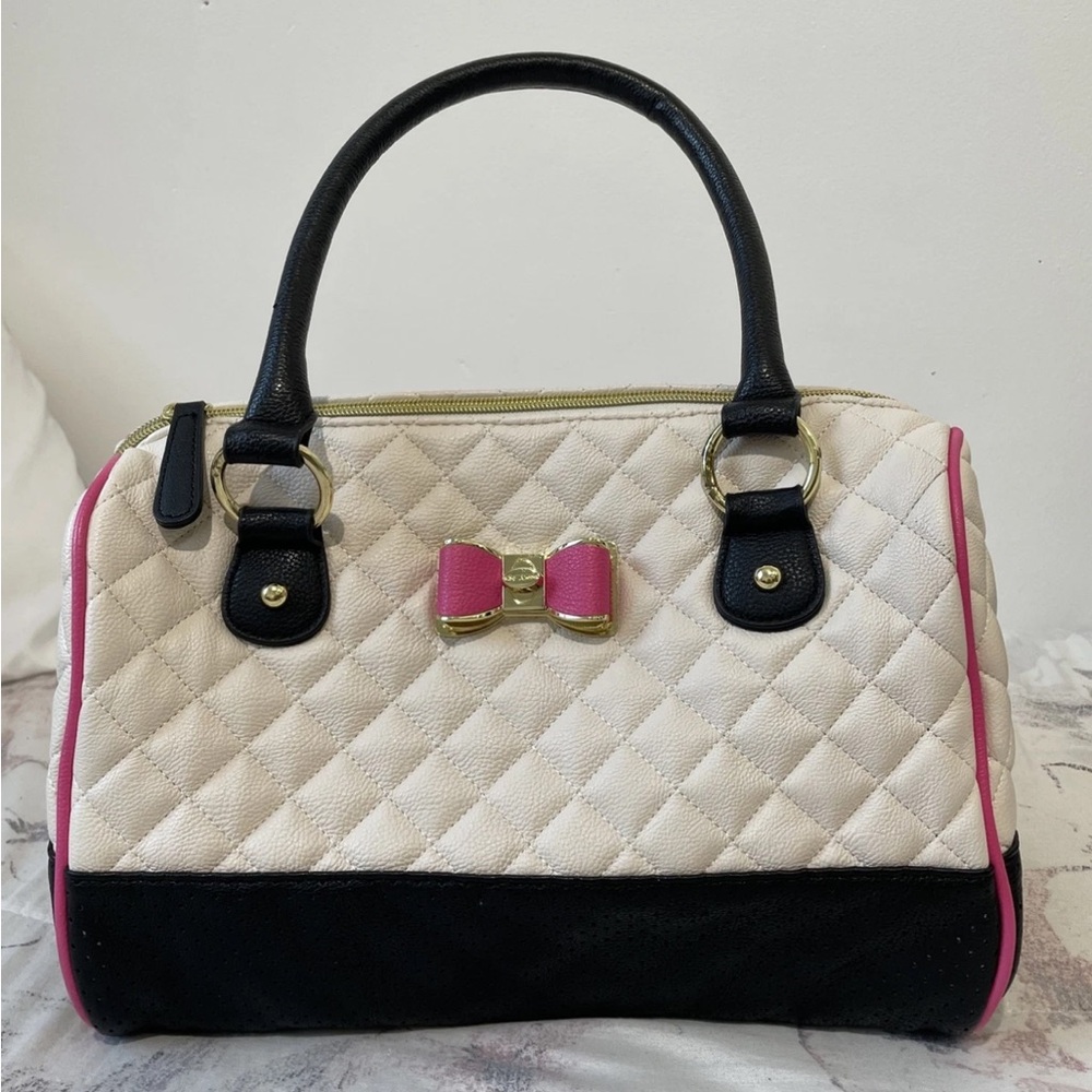 Betsey Johnson Cream and Black Quilted Satchel with Pink Bow